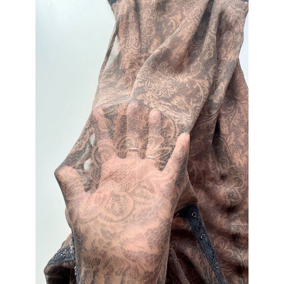 Vintage LAUNDRY BY SHELLI SEGAL Brown Lace Print Silk Beaded Slip Dress, Size 10 - Picture 9 of 12